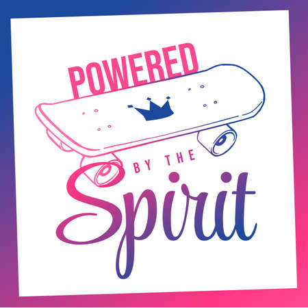 Vector Sport Illustration of Neon Color Skateboard with Crown and Quote Powered by the Spirit on White Background. Line Art Style Design for T-shirt Print, Poster, Greeting Cardのイラスト素材