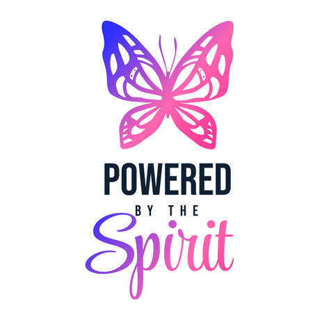 Vector Nature Illustration of Neon Light Butterfly with Word Powered by the Spirit on White Color Background. Line Art Style Design for T-shirt Print, Poster, Greeting Cardのイラスト素材