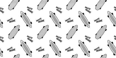 Vector Black and White Illustration of Flying Penny Board with Word. Skateboarding Seamless Pattern with Cartoon Skate Board. Line Art Style Skate Background for T-shirt and Paper Printのイラスト素材