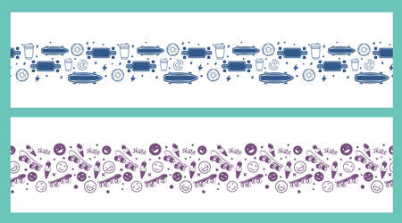 Vector Set of Illustration with Skateboard. Skateboarding Seamless Pattern with Skate Board, Coffee, Donut, Smile, Ice Cream. Line Art Style Skate Background for T-shirt and Paper Printのイラスト素材