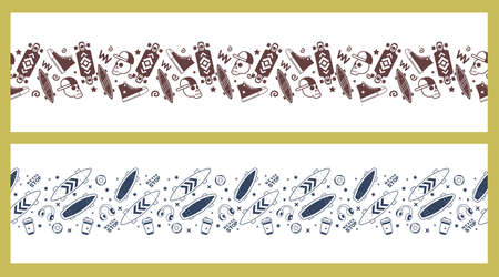 Vector Set of Illustration with Skateboard. Skateboarding Seamless Pattern with Skate Board, Coffee, Donut, Sneakers, Skull, Headphones. Line Art Style Skate Background for T-shirt and Paper Printのイラスト素材