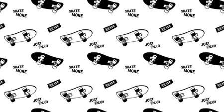 Vector Black and White Illustration of Flying Skateboard with Word. Skateboarding Seamless Pattern with Cartoon Skate Board. Line Art Style Skate Background for T-shirt and Paper Printのイラスト素材