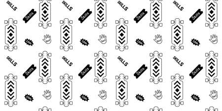 Vector Black and White Color Illustration of Textured Skateboard with Hand Palm. Skateboarding Seamless Pattern with Cartoon Skate Board and Word. Line Art Style Skate Background for T-shirt and Paper Printのイラスト素材