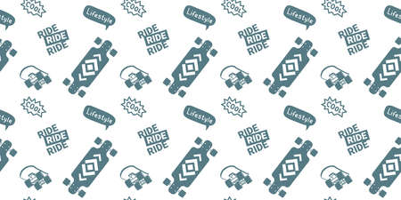 Vector Mono Color Illustration of Textured Skateboard and Word. Skateboarding Seamless Pattern with Cartoon Skate Board. Line Art Style Skate Background for T-shirt and Paper Printのイラスト素材