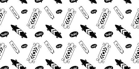 Vector Black and White Color Illustration of Textured Skateboard. Skateboarding Seamless Pattern with Cartoon Skate Board and Word. Line Art Style Skate Background for T-shirt and Paper Printのイラスト素材