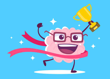 Vector Creative Illustration of Happy Champion Brain in Glasses Run through Tape with Golden Winner Cup on Blue Color Background. Flat Doodle Style Knowledge Concept Design of Happy Human Brain Character for Web, Site, Banner, Posterのイラスト素材