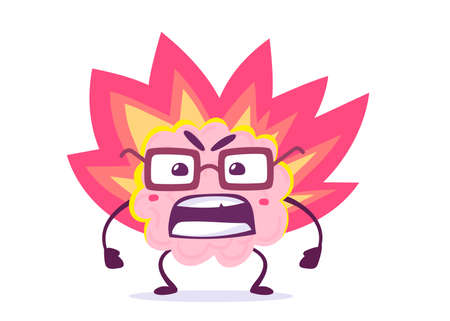 Vector Creative Illustration of Emotional Angry Pink Human Brain Character in Glasses with Flame on White Background. Flat Doodle Style Knowledge Concept Design of Brain on Fire for Web, Site, Banner, Posterのイラスト素材