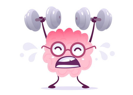 Vector Creative Illustration of Strong Pink Human Brain Character in Glasses with Sweat on White Background. Flat Doodle Style Knowledge Concept Design of Emotional Brain Lifting Weight with Last Effort for Web, Site, Banner, Posterのイラスト素材