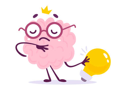 Vector Creative Illustration of Dream Pink Human Brain Character in Glasses on White Background. Flat Style Knowledge Concept Design of Brain and Yellow Light Bulb Idea for Web, Site, Banner, Posterのイラスト素材