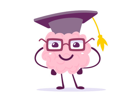 Vector Creative Illustration of Happy Pink Human Brain Character in Glasses and Graduate Cap on White Background. Flat Doodle Style Graduation Knowledge Concept Design of Happy Brain for Web, Site, Banner, Posterのイラスト素材