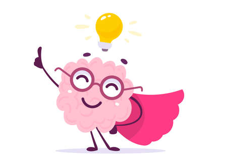 Vector Creative Illustration of Happy Pink Human Brain Character in Glasses with Light Bulb on White Background. Flat Doodle Style Knowledge Concept Design of Happy Brain Super Man for Web, Site, Banner, Posterのイラスト素材