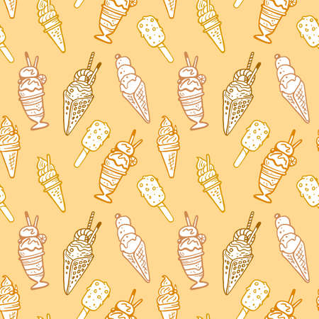 Seamless Line Art Style Pattern Design with Tasty Ice Cream on Color Background. Vector Sweet Illustration of Different Ice Cream for Paper Print, Menu, Bannerのイラスト素材