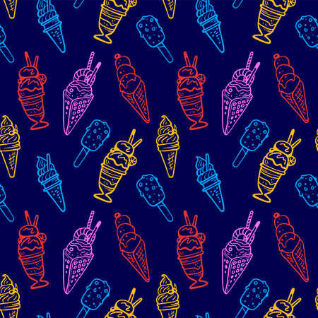 Vector Neon Color Line Art Style Seamless Pattern Design with Ice Cream. Sweet Illustration of Tasty Different Ice Cream on Dark Background for Paper Print, Menu, Bannerのイラスト素材