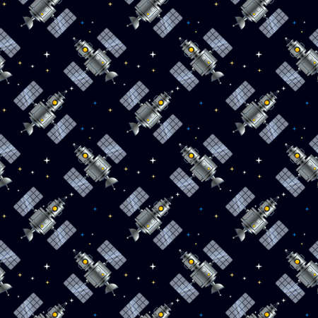 Vector Seamless Pattern with Satellite on Dark Sky Color Background with Star. Space Technology Illustration. Design for Banner, Poster, Web, Printのイラスト素材