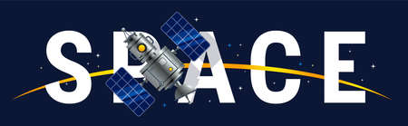 Vector Horizontal Illustration of Word Space and Satellite on Dark Sky Color Background with Star. Space Design for Banner, Poster, Web, Printのイラスト素材