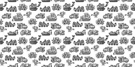 Vector Horizontal Seamless Pattern with Different Hand Drawn Retro Machine. Line Art Doodle Style Pattern Design of Black Mechanism on White Color Backgroundのイラスト素材