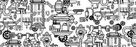 Vector Illustration with Hand Drawn Pattern of Black and White Retro Machine. Doodle Line Art Flat Style Design of Complex Mechanism of Product Production on White Color Backgroundのイラスト素材