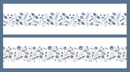 Vector Set of Illustration with Skateboard. Skateboarding Seamless Pattern with Smile, Ice Cream, Smart Phone and Skull. Color Line Art Style Skate Background for T-shirt and Paper Printのイラスト素材