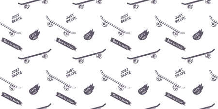 Vector Black and White Illustration of Flying Board with Word and Flame. Skateboarding Seamless Pattern with Cartoon Skate Board. Line Art Style Skate Background for T-shirt and Paper Printのイラスト素材