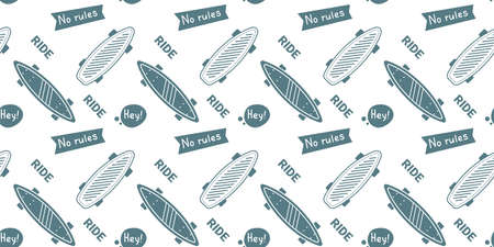 Vector Mono Color Illustration of Penny Board with Word. Skateboarding Seamless Pattern with Cartoon Skate Board. Line Art Style Skate Background for T-shirt and Paper Printのイラスト素材