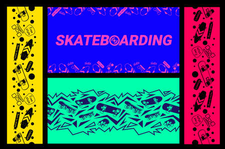 Vector Set of Colorful Different Illustration with Skateboard. Skateboarding Seamless Pattern with Word. Color Line Art Style Skate Background for T-shirt and Paper Printのイラスト素材