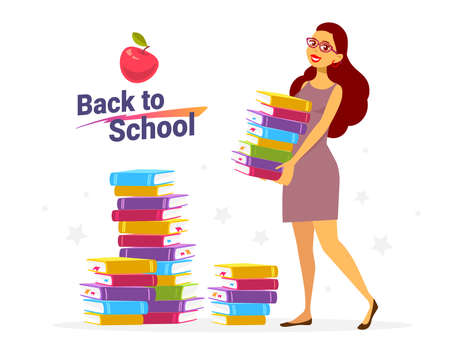 Vector color illustration of beautiful girl with book and text back to school. Bright design for web, site, banner, posterのイラスト素材