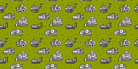 Vector Horizontal Seamless Pattern with Different Hand Drawn Mechanism. Line Art Style Pattern Design of Black and White Retro Machine on Green Color Backgroundのイラスト素材