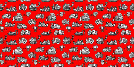 Vector Horizontal Seamless Pattern with Different Hand Drawn Retro Machine. Line Art Doodle Style Pattern Design of Black and White Mechanism on Red Color Backgroundのイラスト素材