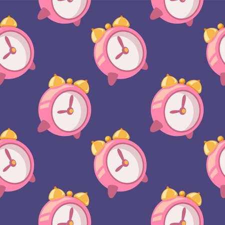 Vector color illustration of pink retro alarm clock on dark background. Bright design of seamless pattern with vintage alarm clock for web, site, banner, posterのイラスト素材