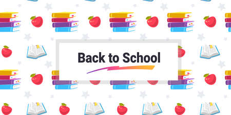 Vector color illustration of book and apple with tframe on white background with text back to school. Bright design of seamless school pattern for web, site, banner, posterのイラスト素材