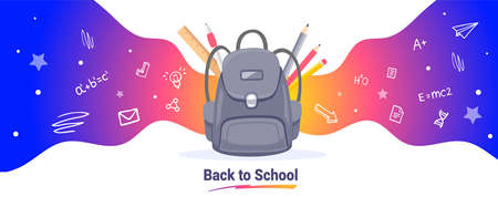 Vector illustration of school bag with pen and pencil on white background with colorful space. Bright design with text back to school for web, site, banner, posterのイラスト素材