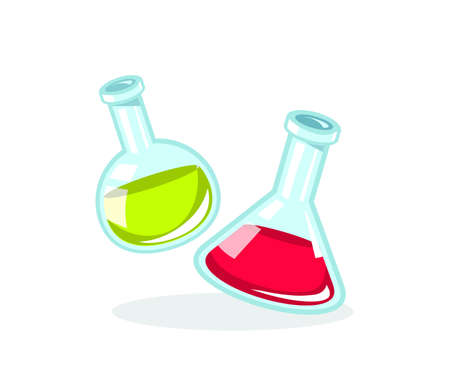 Vector illustration of two chemical flask with green and red liquid on white background. Bright object design for web, site, banner, posterのイラスト素材