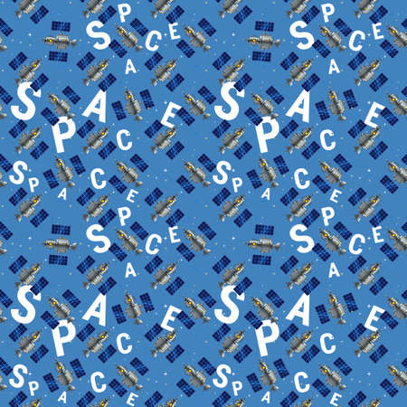 Vector Seamless Pattern with Satellite and Word Space on Blue Sky Color Background with Star. Space Technology Illustration. Design for Banner, Poster, Web, Printのイラスト素材
