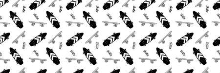 Vector Illustration of Board with Word. Skateboarding Seamless Pattern with Cartoon Skate Board. Line Art Style Skate on White Background for T-shirt and Paper Printのイラスト素材