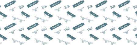 Vector Skateboarding Seamless Pattern with Cartoon Skate Board. Illustration of Board with Word and Broken Skate on White Background. Line Art Style for T-shirt and Paper Printのイラスト素材