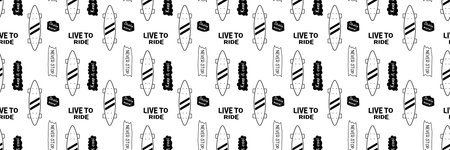 Vector Skateboarding Seamless Pattern with Cartoon Skate Board. Illustration of Board with Word on White Background. Line Art Style Skate for T-shirt and Paper Printのイラスト素材