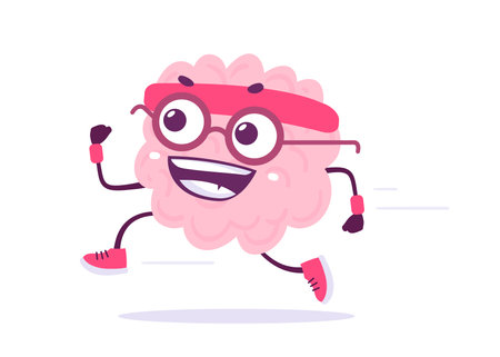 Vector Creative Illustration of Happy Run Brain in Glasses on White Color Background. Flat Doodle Style Knowledge Concept Design of Happy Smile Human Brain Character.のイラスト素材