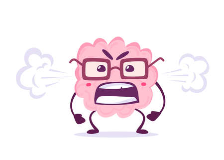 Vector Creative Illustration of Emotional Angry Pink Human Brain Character with Steam from Ear on White Background. Flat Doodle Style Knowledge Concept Design of Brain in Glasses.のイラスト素材