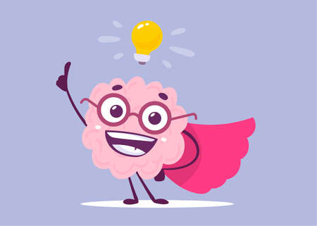 Vector Creative Illustration of Happy Pink Human Brain Character in Glasses with Light Bulb on Color Background. Flat Doodle Style Knowledge Concept Design of Happy Smile Brain Super Man with Red Cloak.のイラスト素材