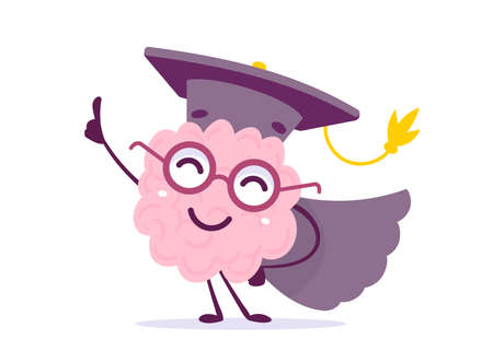 Vector Creative Illustration of Happy Pink Human Brain Character in Glasses, Graduate Cap and Gown on White Background. Flat Doodle Style Graduation Knowledge Concept Design of Happy Brain with Finger Point Up for Web, Site, Banner, Posterのイラスト素材