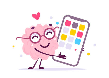 Vector Creative Illustration of Happy Pink Human Brain Character Hug Smart Phone on White Color Background. Flat Doodle Style Knowledge Concept Design of Emotional Brain in Glasses for Web, Site, Banner, Posterのイラスト素材