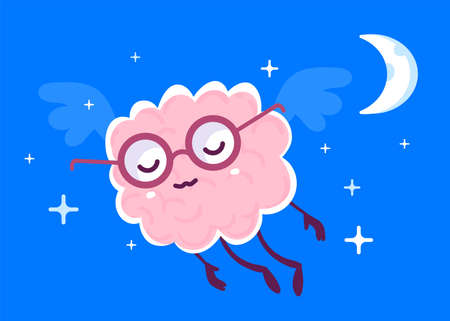 Vector Creative Illustration of Flying Sleep Pink Human Brain Character in Glasses with Wing on Blue Sky Background. Flat Doodle Style Knowledge Concept Design of Dream Brain for Web, Site, Banner, Posterのイラスト素材