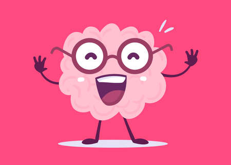 Vector Creative Illustration of Happy Pink Human Brain Character with Open Mouth Smile on Color Background. Flat Doodle Style Knowledge Concept Design of Happy Brain in Glasses for Web, Site, Banner, Posterのイラスト素材