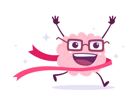Vector Creative Illustration of Happy Champion Brain in Glasses Run through Tape on White Color Background. Flat Doodle Style Knowledge Concept Design of Happy Smile Human Brain Character for Web, Site, Banner, Posterのイラスト素材