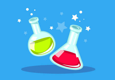 Vector illustration of two chemical flask with green and red liquid on blue background with chemical reaction and star. Bright object design for web, site, banner, posterのイラスト素材