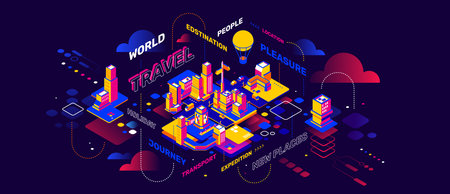 Vector illustration of neon color night city street with light on dark sky background with word and...