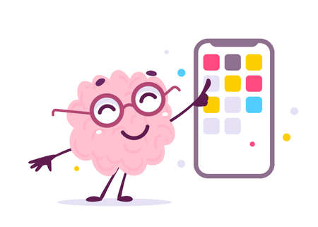 Vector Creative Illustration of Happy Pink Human Brain Character and Smart Phone on White Color Background. Flat Doodle Style Knowledge Concept Design of Emotional Brain in Glasses for Web, Site, Banner, Posterのイラスト素材