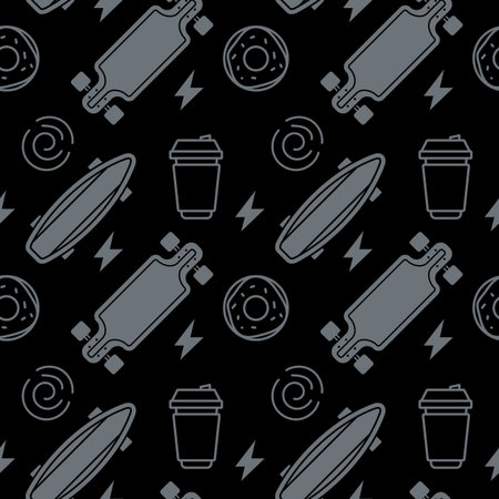 Vector Dark Illustration of Board, Coffee and Sweet Donut. Skateboarding Seamless Pattern with...