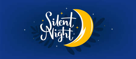 Vector night illustration of wish lettering silent night on blue sky background with star and light moon. Art design with text and leaf for web, site, banner, poster, flyerのイラスト素材