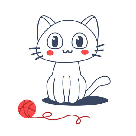 Vector illustration of happy cute cat character with ball of yarn on white color background. Flat line art style design of animal cat for web, site, banner, poster, child cardのイラスト素材